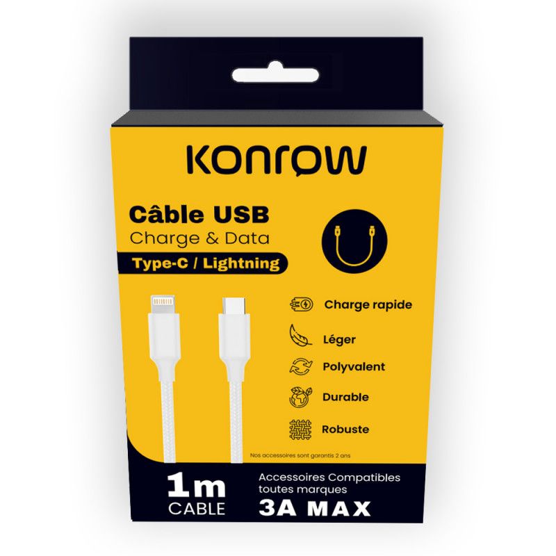 Cable Lightning a Tipo C Konrow (1m, Nylon, Blanco)