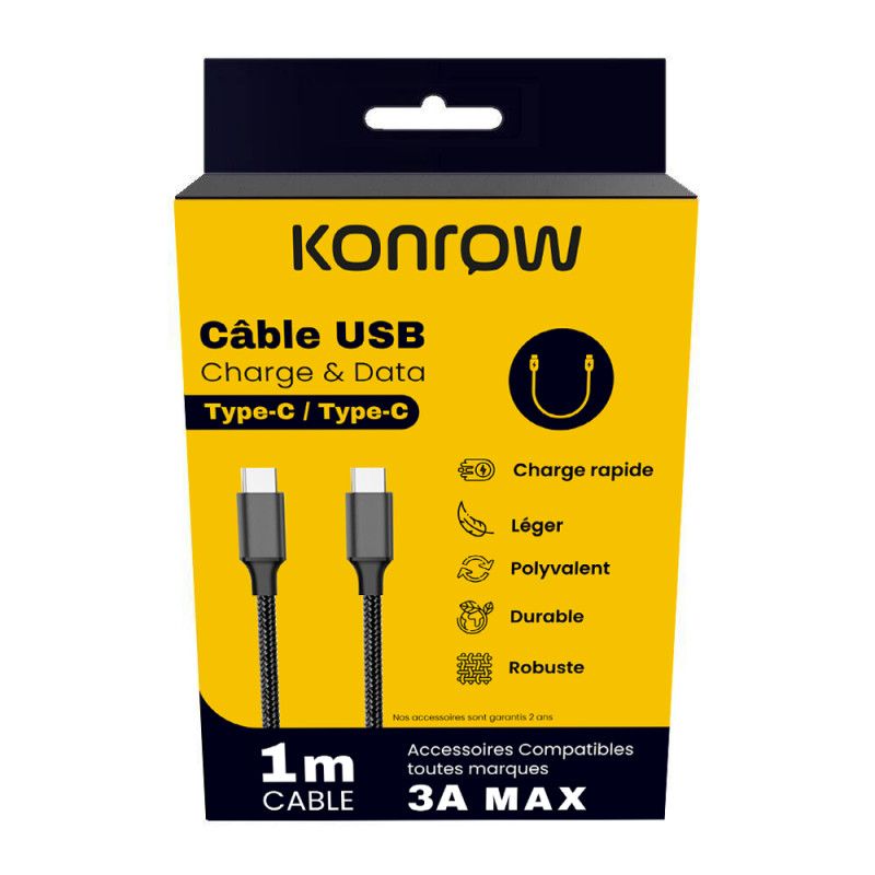 Konrow USB Type-C to Type-C Cable - 1m, Nylon, Black