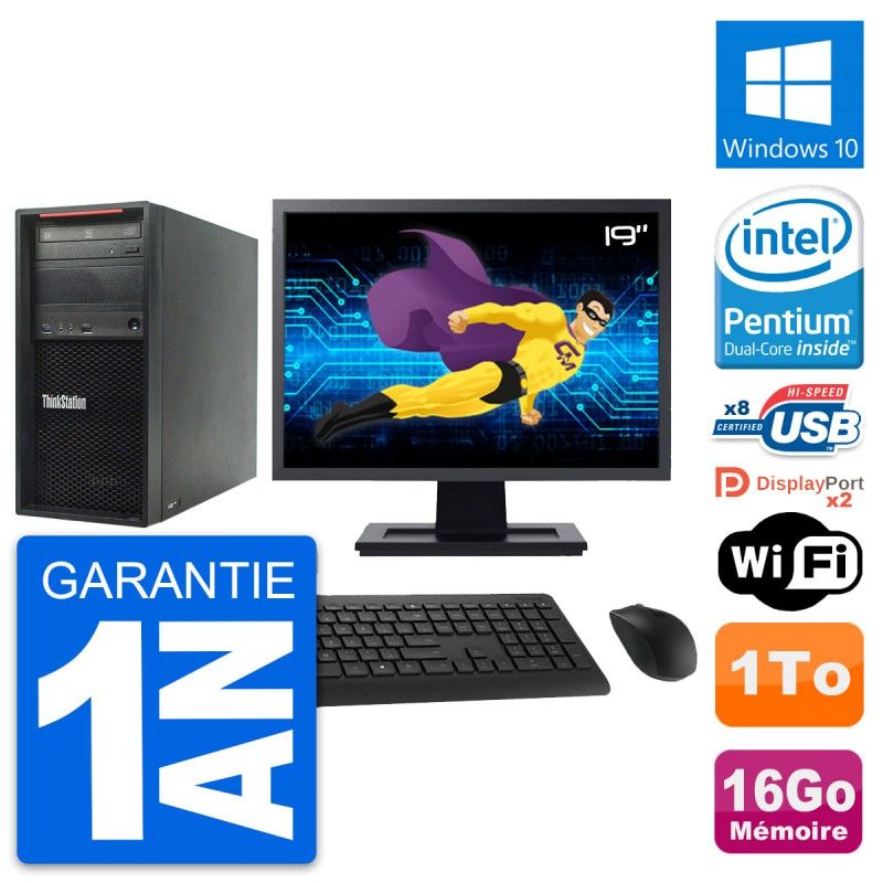 Ordinateur de bureau Lenovo P300, écran 19'', processeur Intel Pentium G3220, 16 Go de RAM, 1 To HDD, Windows 10, WiFi