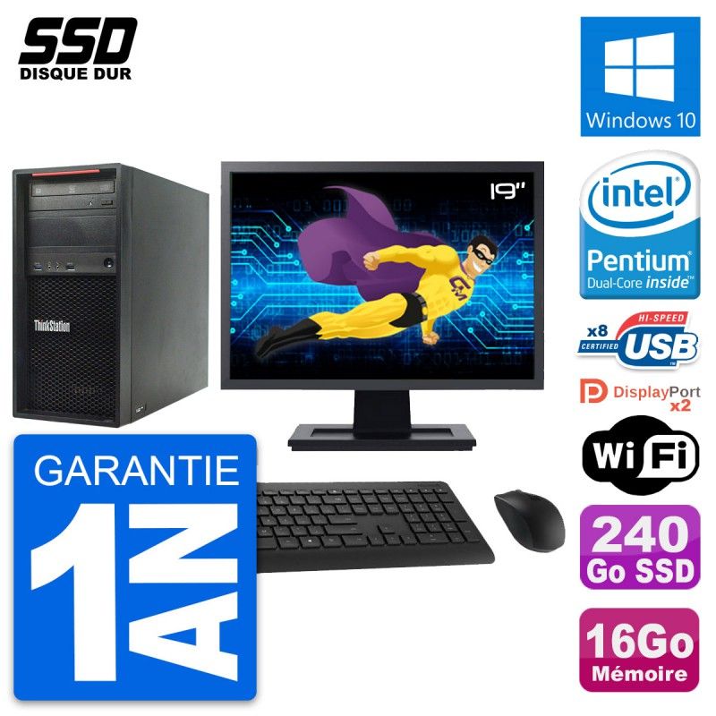 Station de travail Lenovo P300, écran 19 pouces, processeur Intel Pentium G3220, 16 Go de RAM, 240 Go SSD, Windows 10, WiFi