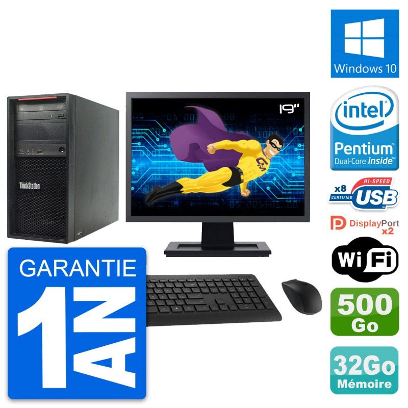 Ordinateur de bureau Lenovo ThinkStation P300 - Écran 19 pouces, Intel Pentium G3220, 32 Go de RAM, 500 Go HDD, Windows 10