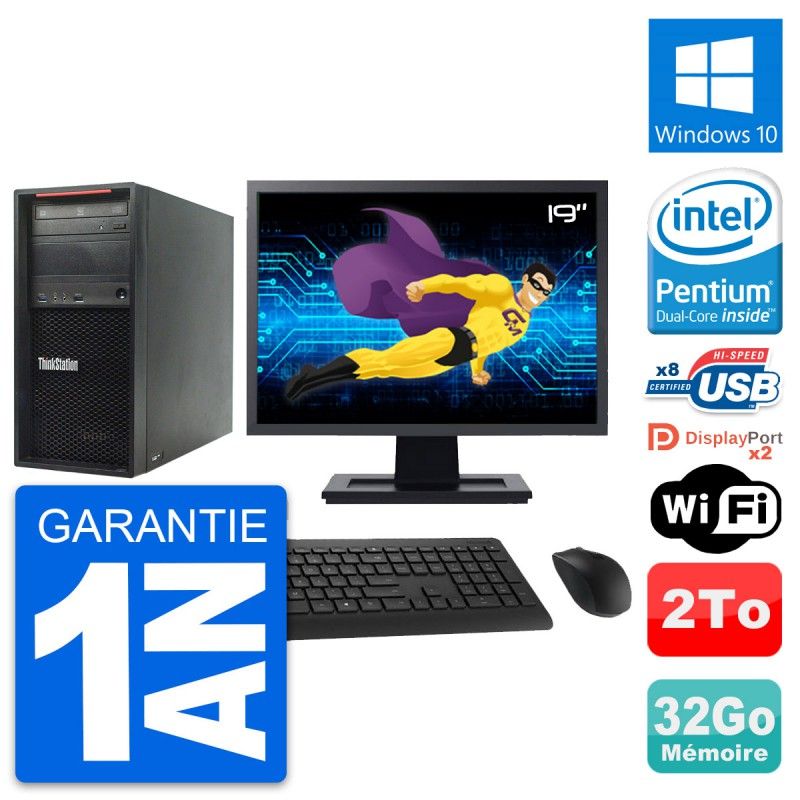 Ordinateur de bureau Lenovo P300 - Écran 19 pouces, Processeur Intel Core i3, 32 Go de RAM, 2 To de SSD, Windows 10