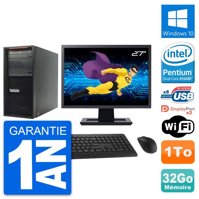 Ordinateur de bureau Lenovo ThinkStation P300 - Écran 27'', Processeur Intel Pentium G3220, 32 Go de RAM, 1 To HDD, Windows 10, Wi-Fi
