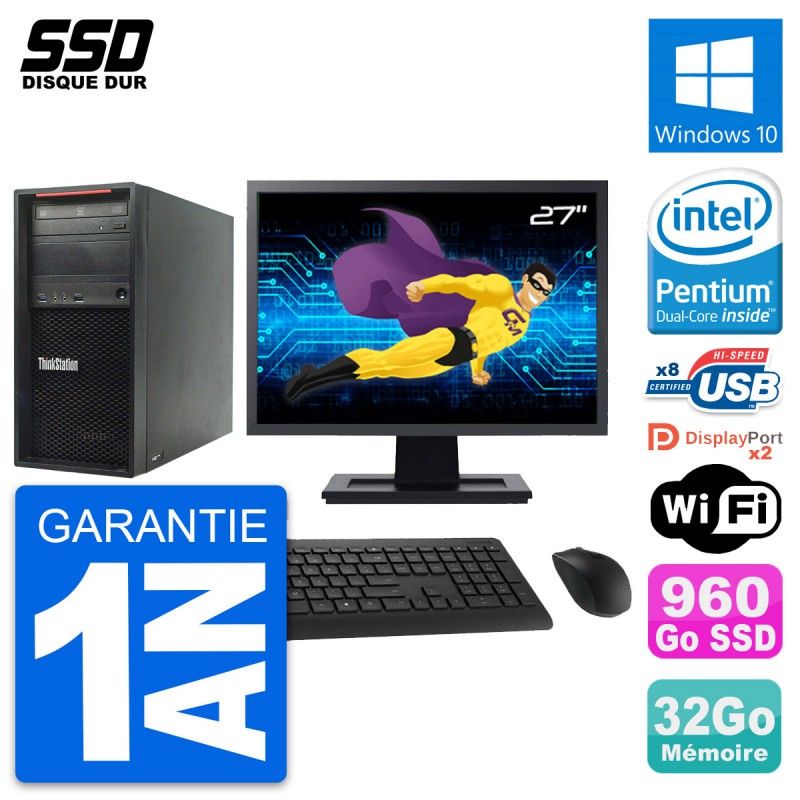 Tour PC Lenovo P300 - Écran 27'', Intel G3220, 32 Go de RAM, 960 Go SSD, Windows 10, WiFi