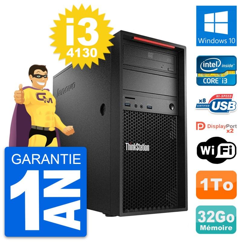 Ordinateur de bureau Lenovo ThinkStation P300 - Processeur Intel Core i3-4130, 32 Go de RAM, 1 To de SSD, Windows 10, WiFi