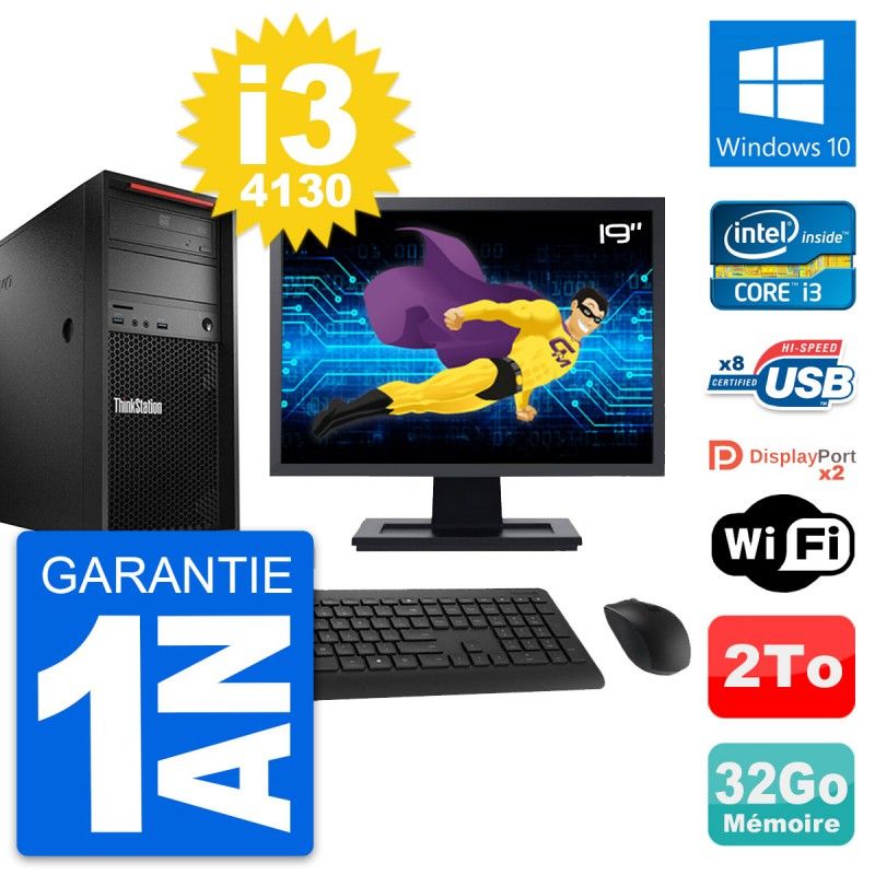 Ordinateur de bureau Lenovo P300 - Écran 19 pouces, Intel i3-4130, 32 Go RAM, 2 To HDD, Windows 10