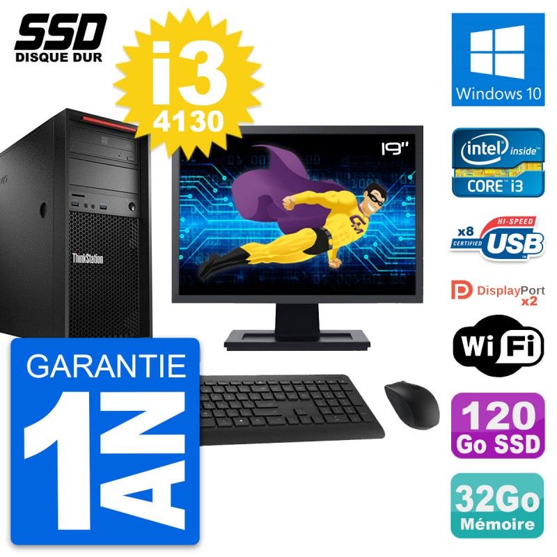 Ordinateur de bureau Lenovo P300 19 pouces - Processeur Intel i3-4130, 32 Go de RAM, 120 Go SSD, Windows 10