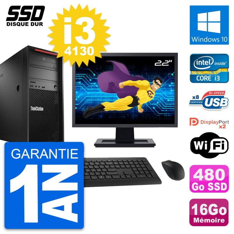 Ordinateur de bureau Lenovo ThinkStation P300 - Écran 22'', Processeur Intel i3-4130, 16 Go de RAM, Disque SSD 480 Go, Windows 10, WiFi