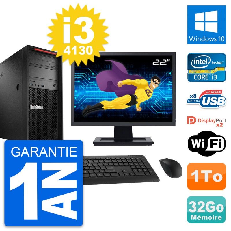 Ordinateur de bureau Lenovo P300, Écran 22'', Intel Core i3-4130, 32 Go RAM, 1 To HDD, Windows 10, Wi-Fi