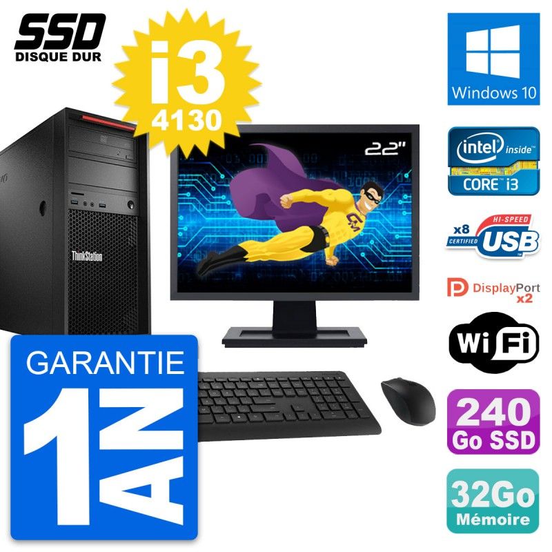 Station de travail Lenovo P300, Écran 22'', Processeur Intel i3-4130, 32 Go RAM, SSD 240 Go, Windows 10, Wifi