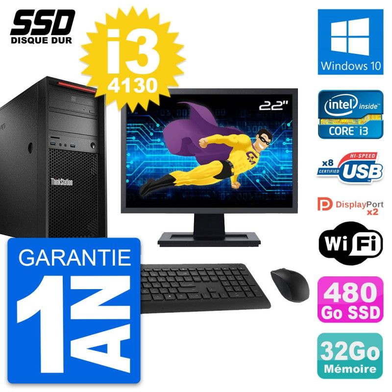 Ordinateur de bureau Lenovo P300, écran 22 pouces, Intel Core i3-4130, 32 Go de RAM, 480 Go SSD, Windows 10, Wi-Fi