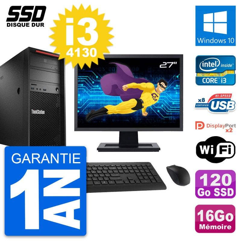 Lenovo P300 Tower PC - 27" Display, Intel i3-4130, 16GB RAM, 120GB SSD, Windows 10