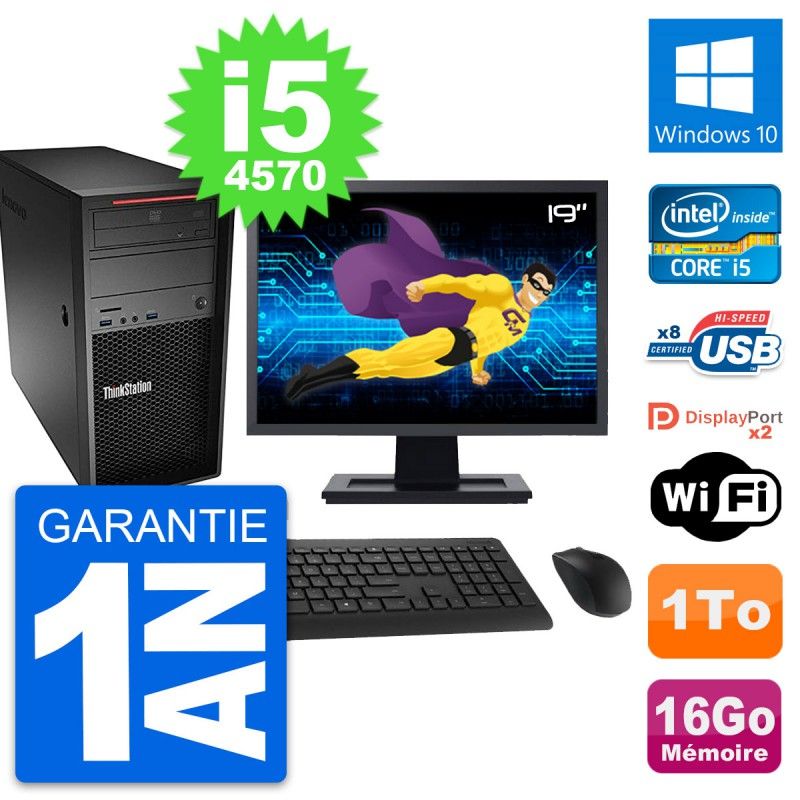 Ordinateur de bureau Lenovo ThinkStation P300 - Écran 19 pouces, Intel i5-4570, 16 Go RAM, 1 To HDD, Windows 10, WiFi