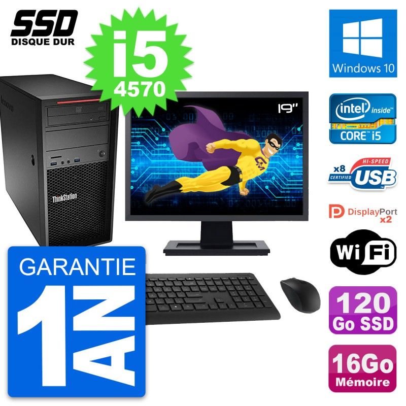 Ordinateur de bureau Lenovo ThinkStation P300, écran 19', Intel i5-4570, 16 Go RAM, 120 Go SSD, Windows 10, Wi-Fi