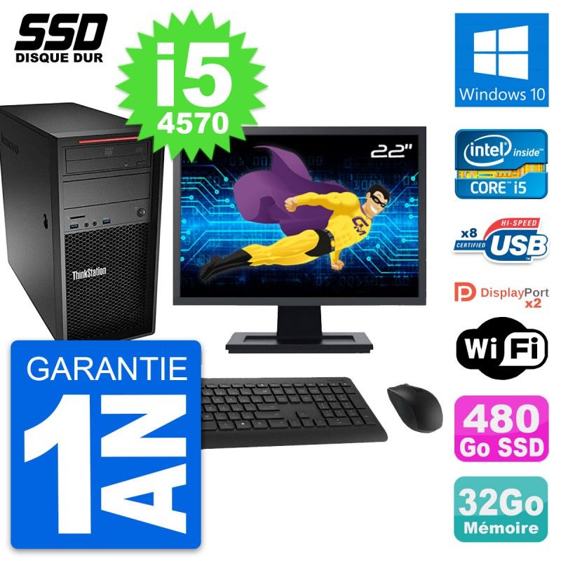 Ordinateur de bureau Lenovo P300, écran 22'', processeur Intel i5-4570, 32 Go de RAM, 480 Go SSD, Windows 10, Wi-Fi