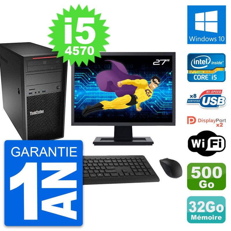 Lenovo ThinkStation P300 Desktop, 27" Screen, Core i5-4570, 32GB RAM, 500GB HDD, Windows 10, WiFi