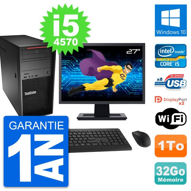Tour Lenovo ThinkStation P300 - Écran 27", Processeur Intel i5-4570, 32 Go de RAM, Disque dur 1 To, Windows 10, WiFi