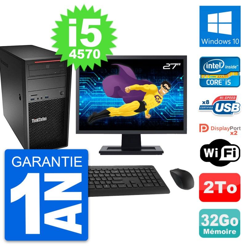 Ordinateur de bureau Lenovo ThinkStation P300, écran 27'', processeur Intel i5-4570, 32 Go de RAM, disque dur 2 To, Windows 10