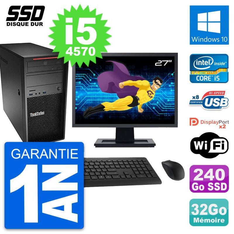 Ordinateur de bureau Lenovo P300 - Écran 27'', Intel i5-4570, 32Go RAM, 240Go SSD, Windows 10, Wi-Fi