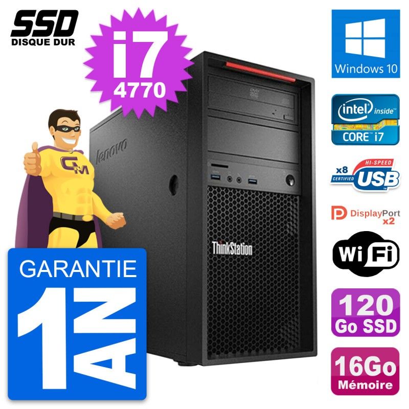 Station de travail Lenovo ThinkStation P300, i7-4770, 16 Go RAM, 120 Go SSD, Windows 10, Wi-Fi