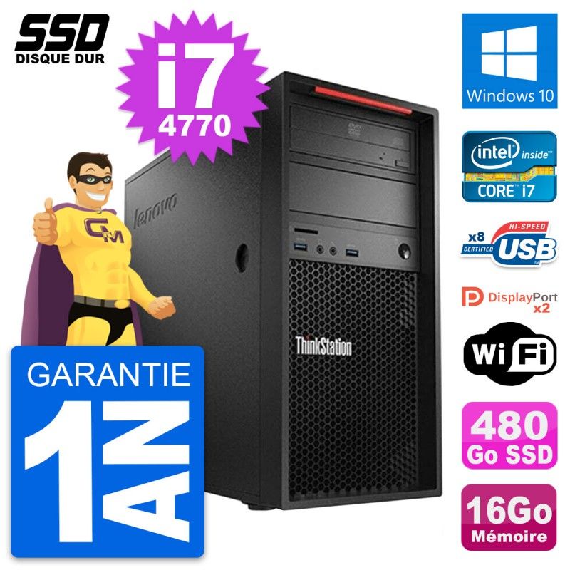 Station de travail Lenovo ThinkStation P300 - Intel Core i7-4770, 16 Go de RAM, 480 Go SSD, Windows 10, WiFi