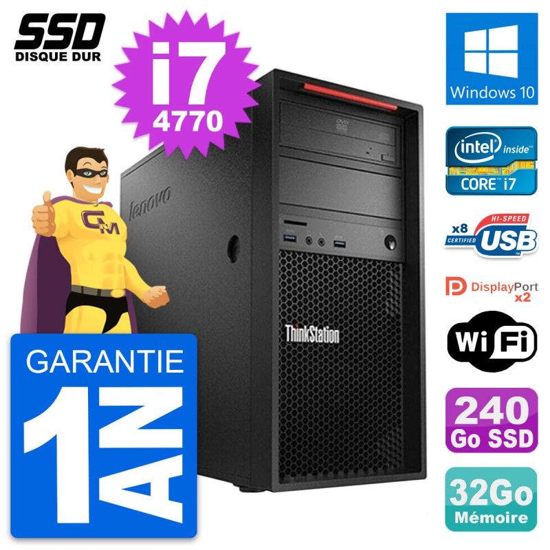 Ordinateur de bureau Lenovo ThinkStation P300, Intel Core i7-4770, 32 Go de RAM, 240 Go SSD, Windows 10, Wifi
