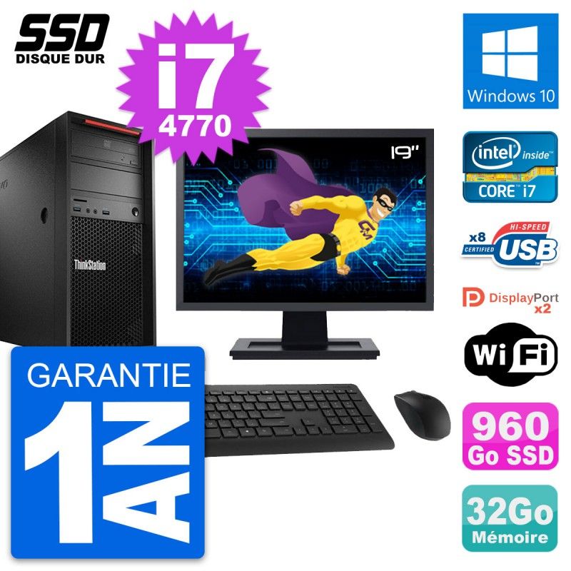 Ordinateur de bureau Lenovo ThinkStation P300, écran 19'', processeur Intel i7-4770, 32 Go de RAM, 960 Go SSD, Windows 10, WiFi