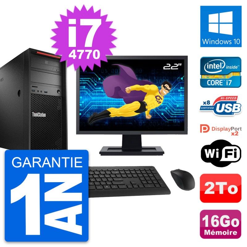 Station de travail Lenovo P300 avec écran 22'', processeur Intel i7-4770, 16 Go de RAM, disque dur 2 To, Windows 10