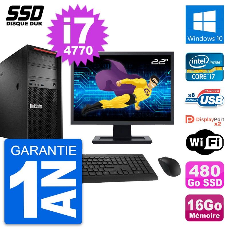 Ordinateur de bureau Lenovo P300, écran 22'', processeur Intel i7-4770, 16 Go de RAM, SSD 480 Go, Windows 10, Wi-Fi