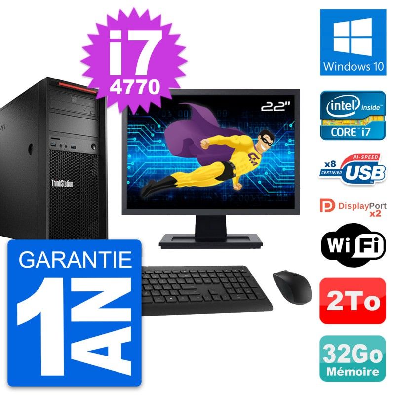 Ordinateur de bureau Lenovo P300 - Écran 22 pouces, Intel i7-4770, 32 Go RAM, 2 To HDD, Windows 10