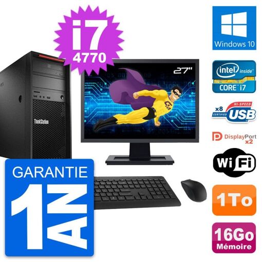 PC de sobremesa Lenovo ThinkStation P300 - Pantalla de 27', Intel i7-4770, 16GB RAM, 1TB HDD, Windows 10