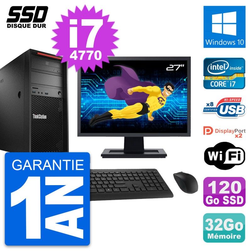 Lenovo ThinkStation P300 Desktop Computer, 27" Screen, Intel i7-4770, 32GB RAM, 120GB SSD, Windows 10, WiFi