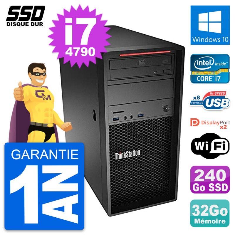 Station de travail Lenovo ThinkStation P300 - Intel Core i7-4790, 32 Go de RAM, 240 Go SSD, Windows 10, WiFi