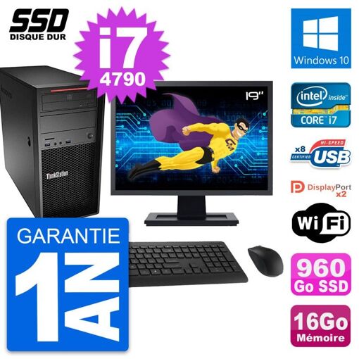 Estación de trabajo Lenovo P300, Pantalla de 19 pulgadas, Intel i7-4790, 16 GB RAM, 960 GB SSD, Windows 10, WiFi