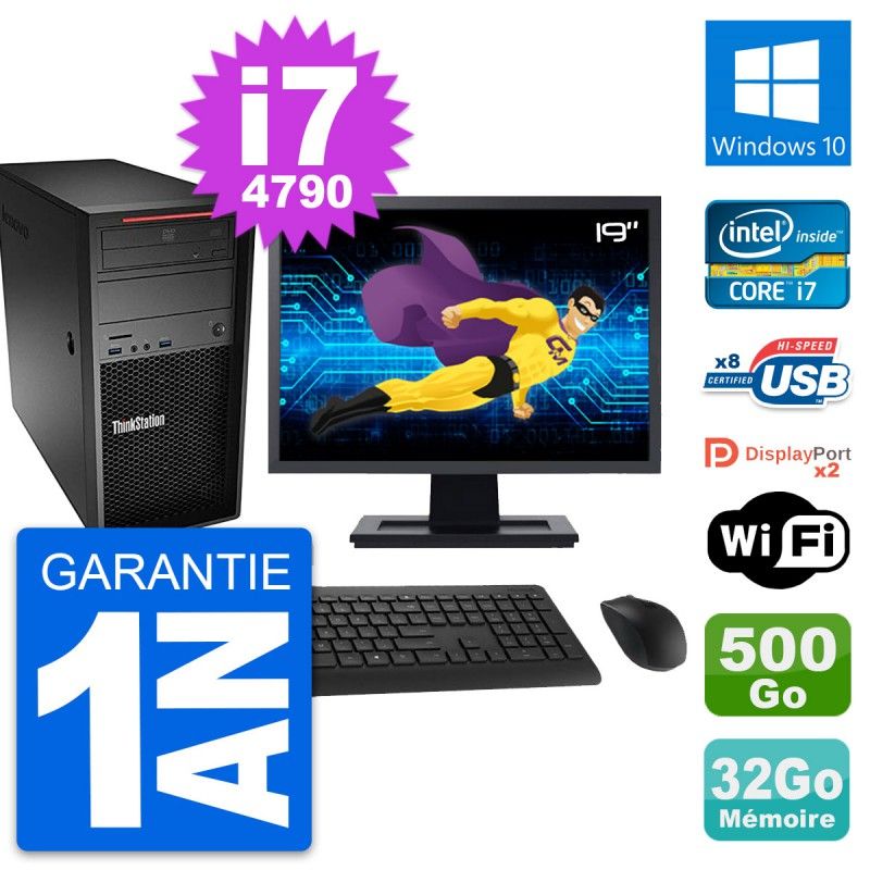 Ordinateur de bureau Lenovo ThinkStation P300, écran 19 pouces, processeur Intel Core i7-4790, 32 Go de RAM, disque dur 500 Go, Windows 10