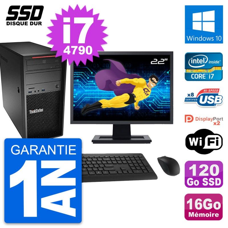 Lenovo P300 22-inch Desktop Computer, Intel i7-4790, 16GB RAM, 120GB SSD, Windows 10, WiFi