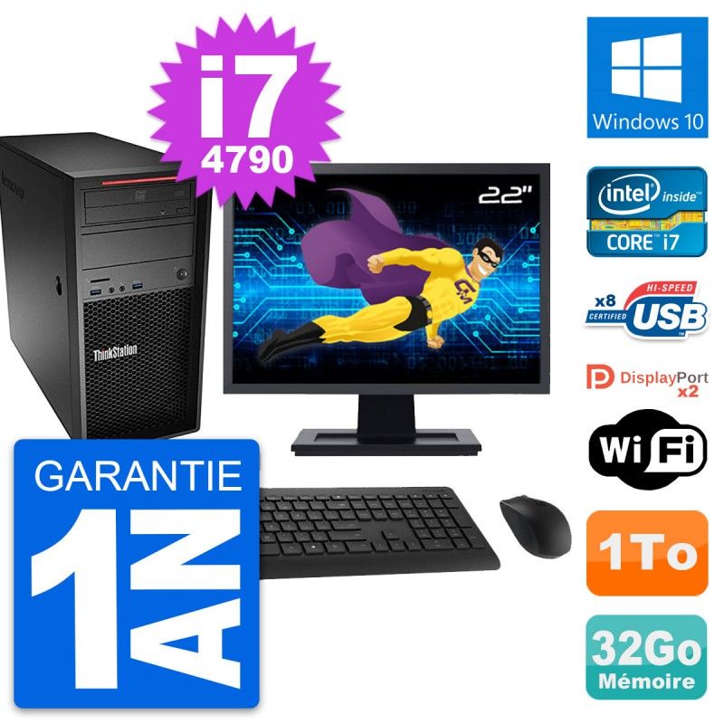 Lenovo P300 22-inch Screen, Intel i7-4790, 32GB RAM, 1TB Hard Drive, Windows 10, WiFi
