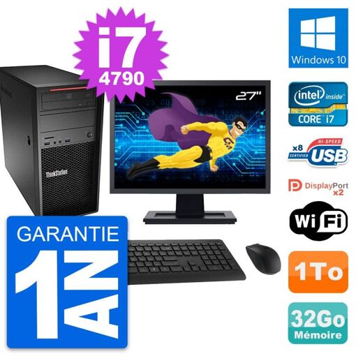 PC de sobremesa Lenovo P300 - Pantalla de 27", Procesador Intel i7-4790, 32 GB de RAM, Disco duro de 1 TB, Windows 10, WiFi