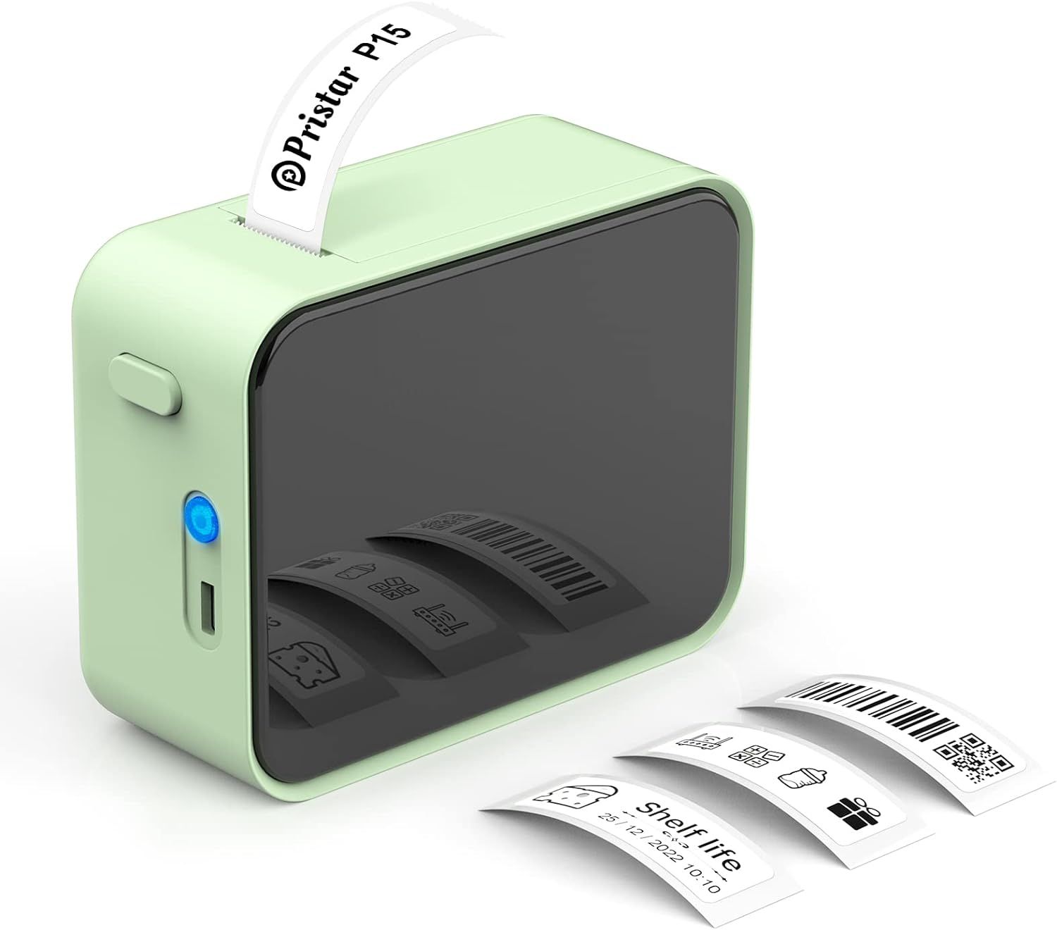 Bluetooth Label Printer, Green P15 Mini Sticker Label Maker, App Connection, Compatible with iOS and Android for Home, Office & School