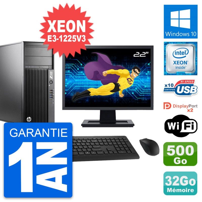 HP Z230 Workstation Computer - 22" Screen, Intel E3-1225 V3, 32GB RAM, 500GB Storage, Windows 10