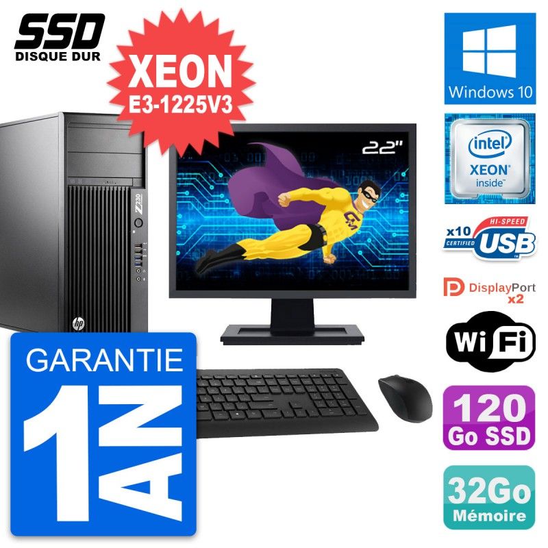 HP Z230 Desktop PC - 22" Screen, Intel Xeon E3-1225V3, 32GB RAM, 120GB SSD, Windows 10