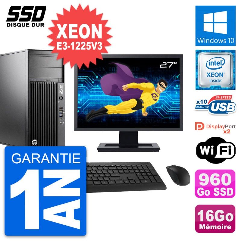 HP Z230 Workstation Computer - 27" Screen, Intel Xeon E3-1225V3, 16GB RAM, 960GB SSD, Windows 10, WiFi