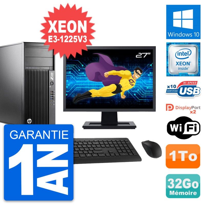 Computadora de trabajo HP Z230 - Pantalla de 27', Intel Xeon E3-1225V3, 32GB de RAM, 1TB HDD, Windows 10, WiFi