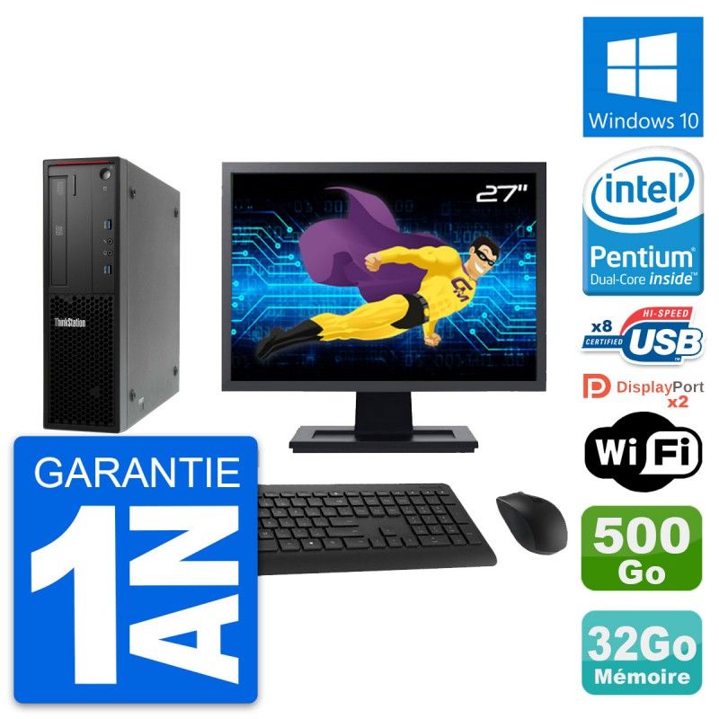 Lenovo P300 SFF Desktop Computer - 27" Screen, Intel G3220, 32GB RAM, 500GB HDD, Windows 10, WiFi