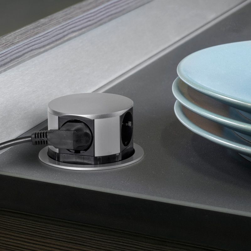 EMUCA Vertical Multi-Connector, 3 Schuko Plugs, 1 USB A, 1 USB C, 100mm Diameter, Steel and Plastic, Aluminum Painted