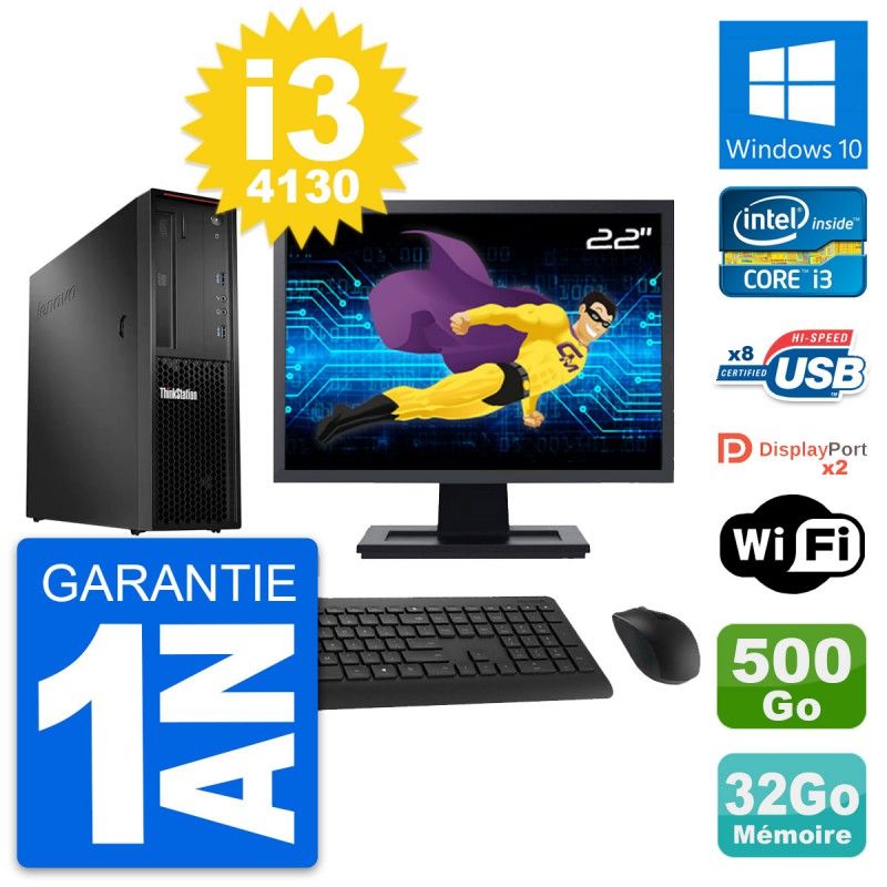Lenovo P300 SFF Desktop Computer, 22" Screen, Intel i3-4130, 32GB RAM, 500GB Storage, Windows 10, WiFi