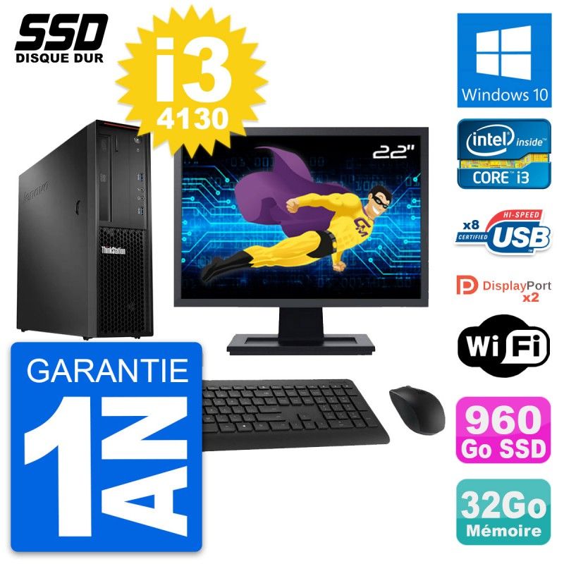 Lenovo P300 SFF Desktop - 22" Display, Intel i3-4130, 32GB RAM, 960GB SSD, Windows 10, WiFi