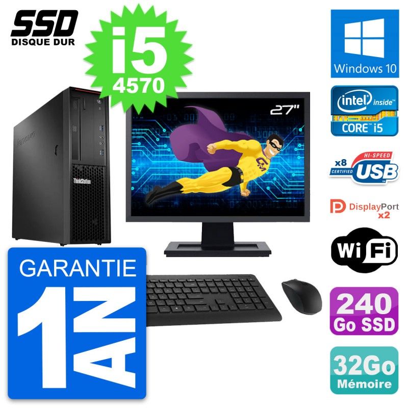 Lenovo P300 SFF Desktop Computer - 27" Screen, Intel i5-4570, 32GB RAM, 240GB SSD, Windows 10, WiFi