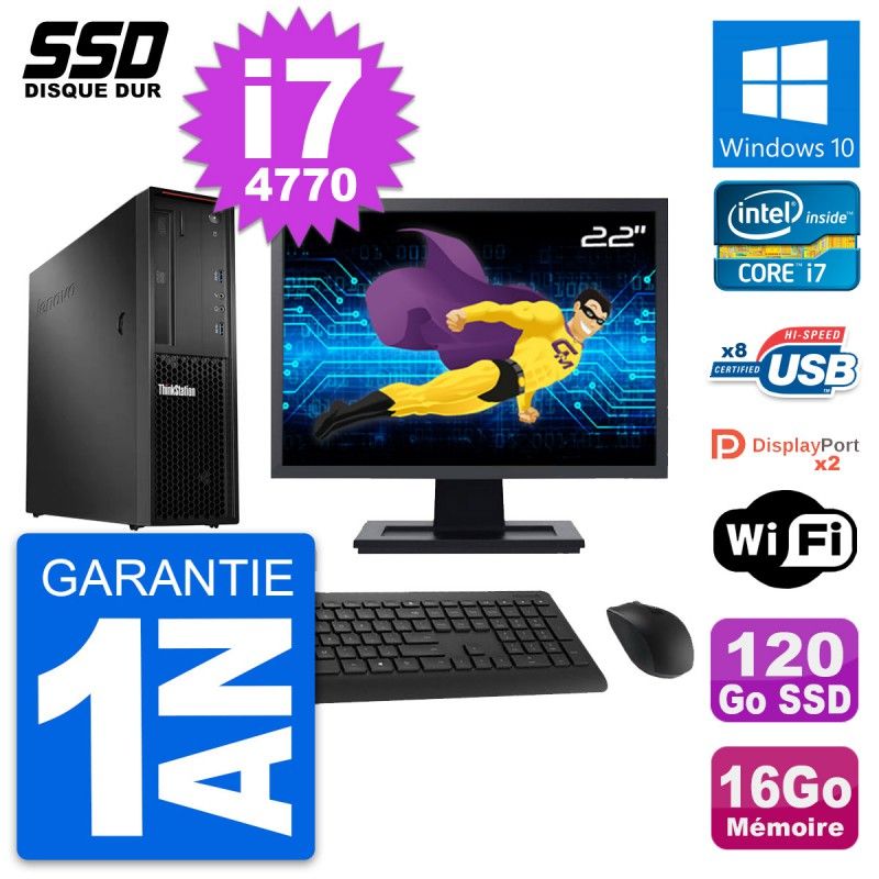 Lenovo P300 SFF Desktop Computer - 22" Screen, Intel i7-4770, 16GB RAM, 120GB SSD, Windows 10, Wifi
