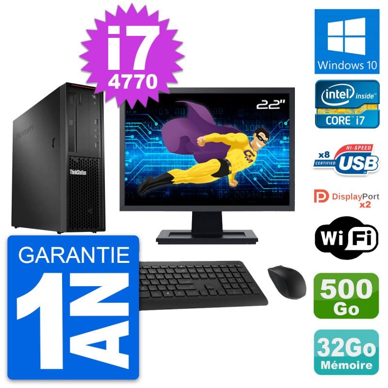 Lenovo P300 SFF Desktop Computer - 22" Screen, Intel i7-4770, 32GB RAM, 500GB HDD, Windows 10, WiFi